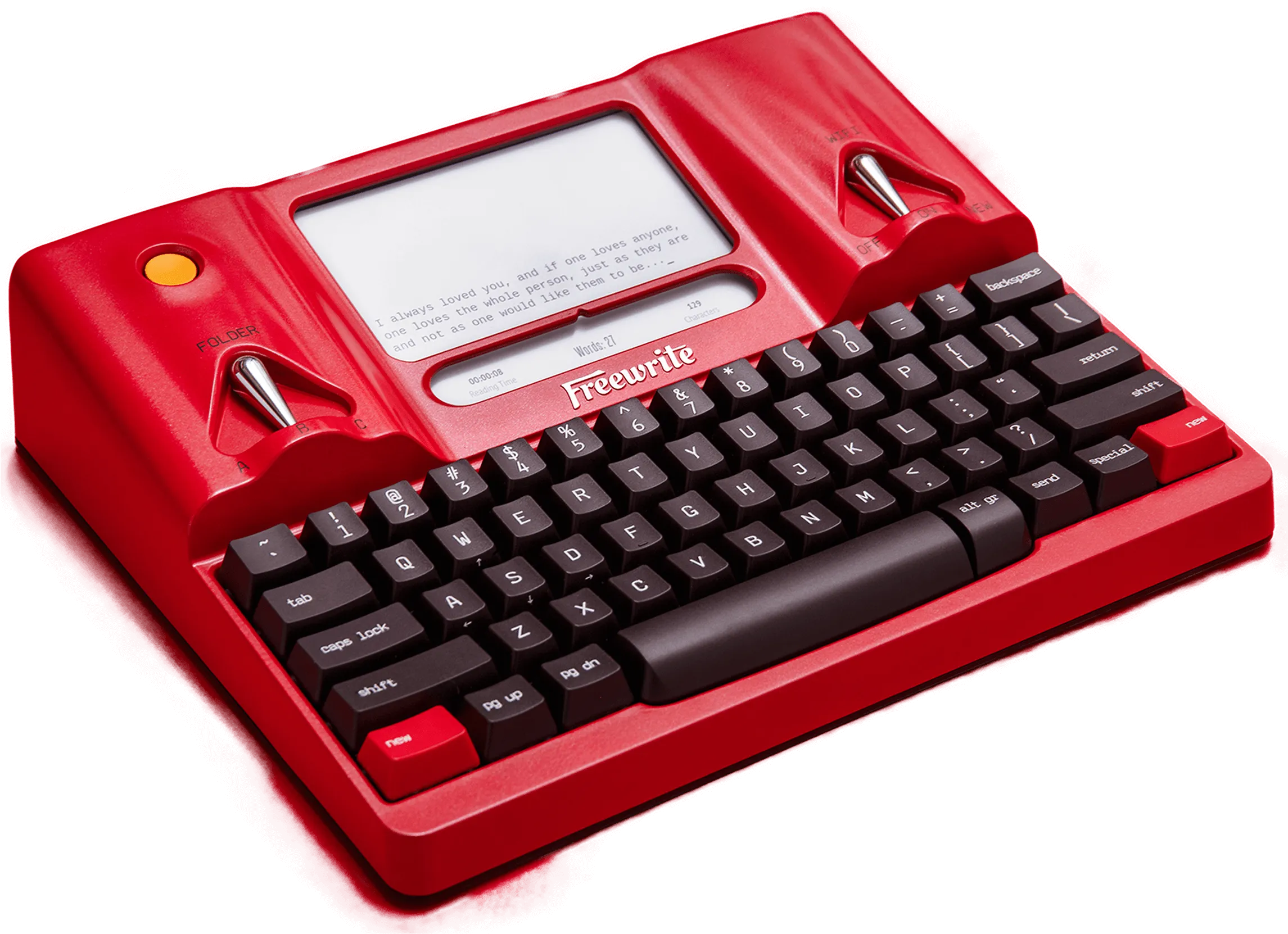 An angle view of the Freewrite Valentine