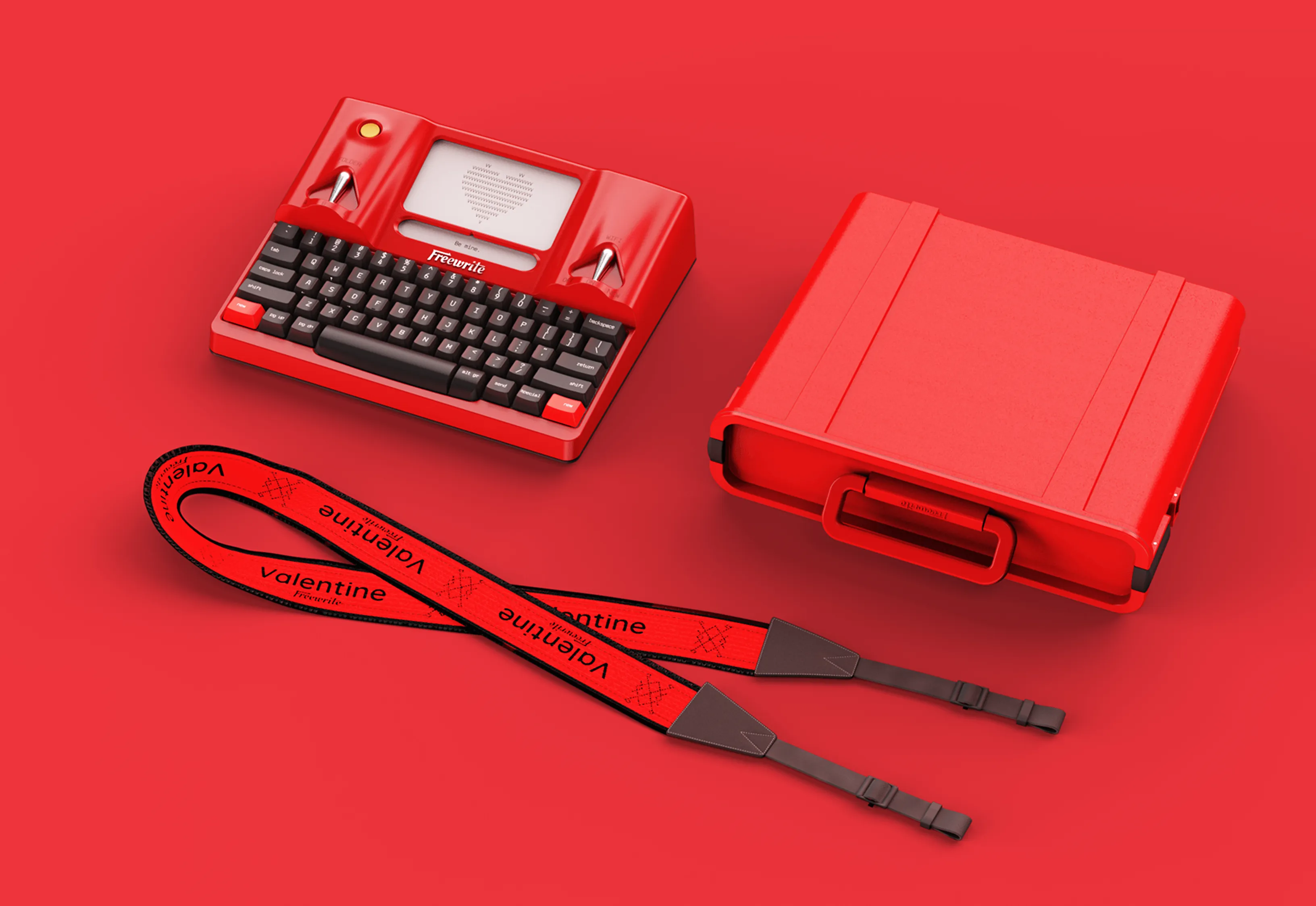 Bird eye view of what's included with the Freewrite Valentine; keyboard, case and strap